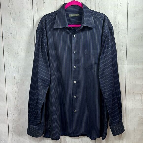 Ermenegildo Zegna Mens Blue Cotton Striped Long Sleeve Button Down Casual Shirt - Picture 1 of 15
